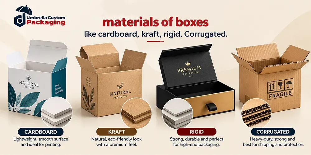 Types of custom packaging box materials including cardboard, kraft, rigid, and corrugated